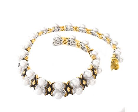Vintage Italian Approx. 6.50 Carat TW Diamond, Pearl, Black Enamel and 18 Karat Yellow Gold Choker Necklace. Consisting of 52