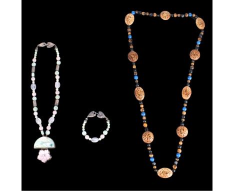 Grouping of Three (3) Vintage Necklaces and Bracelet. Includes a jade, rose quarts, mother of pearl, and sterling sliver bead
