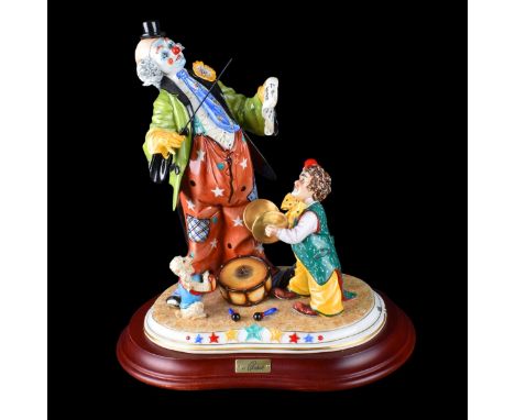 Large Capodimonte Hand Painted Porcelain Clown Group By Cordese Mounted on Wooden Base. Signed and numbered to figurine, tag 