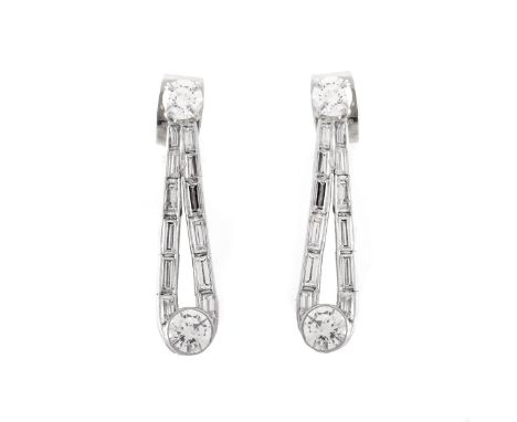 Vintage Van Cleef &amp; Arpels style Diamond and 18 Karat White Gold Earrings. Set with round brilliant and baguette cut diam