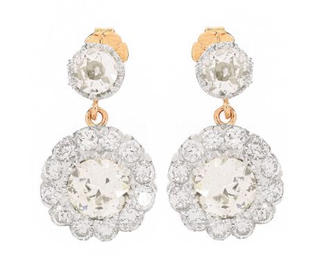 Vintage Approx. 8.35 Carat TW Old European Cut Diamond, 18 Karat Yellow Gold and Silver Pendant Earrings. Largest two diamond