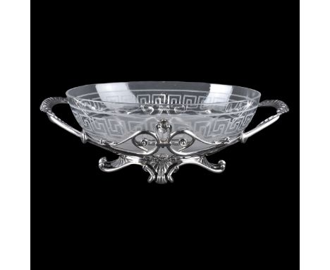 Elegant Vintage Christofle Silver Plate and Etched Glass Centerpiece. The glass with etched Greek key motif. Stamped Christof