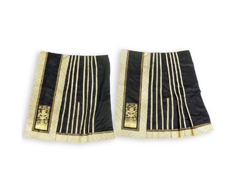 antique Chinese Embroidered 2 Panel Silk Apron Skirt. Metallic threaded dragon motif. Silk lining. Unsigned. Each panel measu