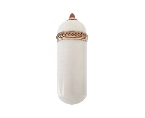Russian Faberge Guilloche Enamel and 56 Yellow Gold (14K) Scent Bottle with Cabochon Ruby Finial. Stamped 56AR, S. Petersburg