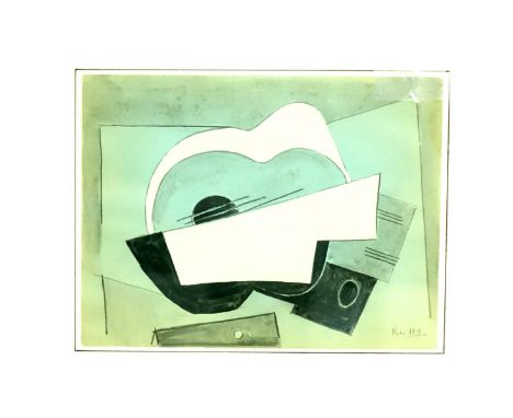 Attributed to: Henri Laurens, French (1885-1954) Watercolor and Ink on paper "Cubist Composition With Guitar". Initialed and 