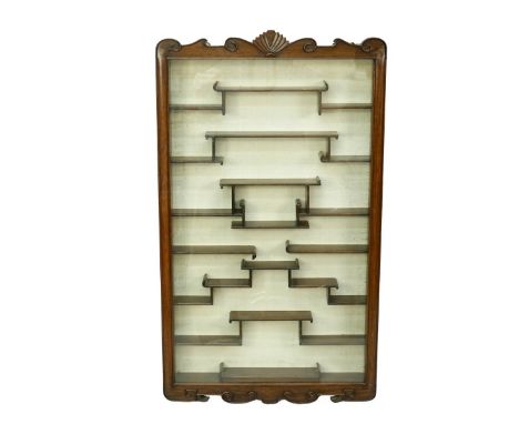 Mid Century Chinese Rosewood Netsuke Cabinet. Carved finial and apron. Measures 34-1/2" x 20". Condition: Good condition Esti