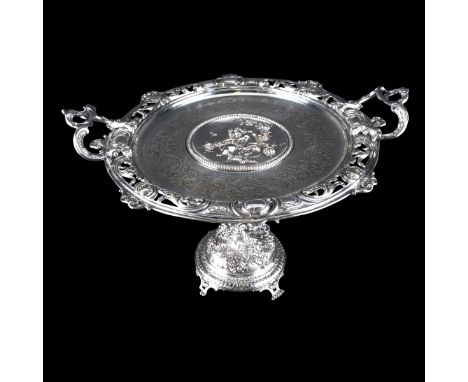 19th Century French Silver Plate Centerpiece. Decorated with floral and mascaron motif. Inscribed "La Conference Godefroy de 