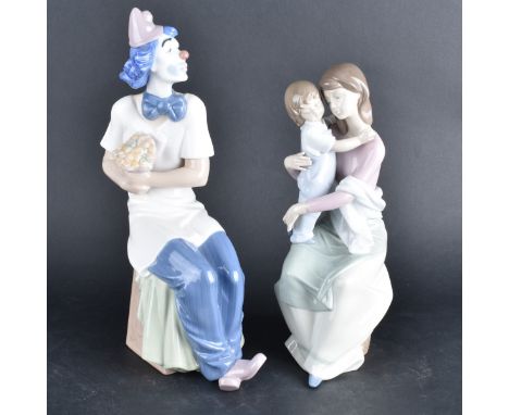 Two (2) Vintage Porcelain Figurines. Includes: Lladro women and child, Nao clown figurine. Each signed to base. Tallest measu