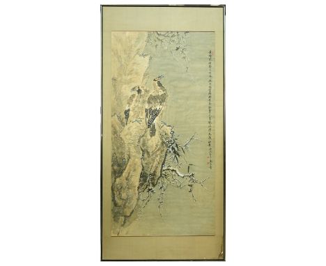 Palace Size Chinese Watercolor Scroll Painting, Seal Stamp Marks with Calligraphy. Depicts birds and branches. Sight measures