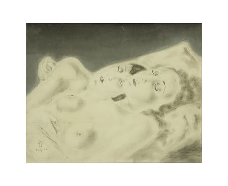20th Century Watercolor and Ink, Portrait of Nude Young Girls, Signed Foujita Lower Left. Measures 15-5/8" H x 19-1/2" W, fra