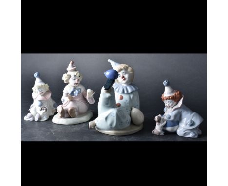 Grouping of Four (4) Vintage Spanish Clown Porcelain Figurines. Includes 2 Lladro figures, 1 Nadal, and 1 Nao. Each signed to