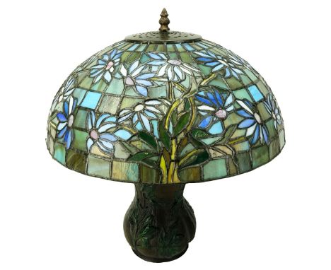 Tiffany Style Polychrome Metal Lamp with Leaded Glass Shade. Measures 18-1/4" H, shade measures 7-3/4" H x 16-1/4" dia. Condi