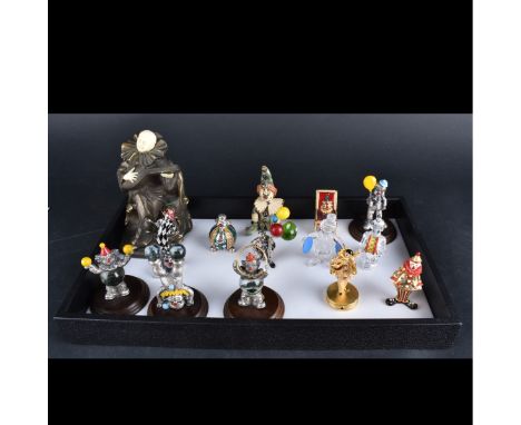 Mixed Lot of Fourteen (14) Vintage Clown Figurines. Makers include Waterford, Estee Lauder, 2 sterling figurines. Tallest mea