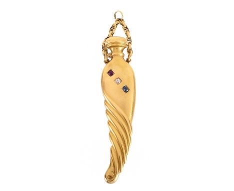 Russian Faberge 56 Yellow Gold (14K) Pendant Scent Bottle with Ruby, Diamond and Sapphire Accents. Stamped 56, St. Petersburg