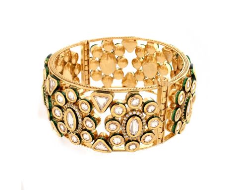 Modern Indian Multi Cut Kundun Stone, Enamel and Silver Vermeil Hinged Cuff Bangle Bracelet. Measures 2-1/4" interior diamete