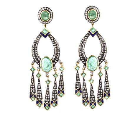 Antique Russian Oval Cabochon and Faceted Emerald, Enamel, 18 Karat Yellow Gold and Silver Chandelier Earrings. Largest emera