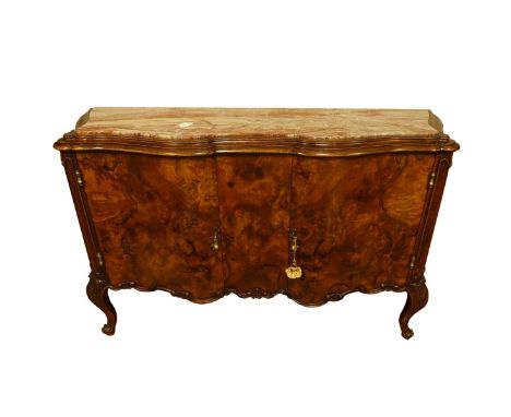 Antique French Carved Burlwood Sideboard with Marble Top. Two large doors, carved scroll motif, stands on cabriole legs. Meas