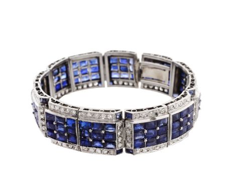 Art Deco Approx. 25.0 Carat Sapphire, 5.0 Carat Diamond and Platinum Bracelet. Sapphires with vivid color. Measures 7-1/8" L,