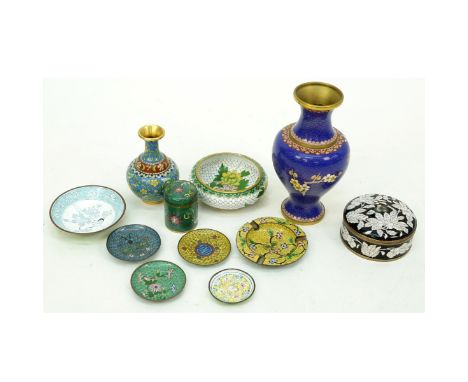 Eleven (11) Piece Chinese Cloisonne Enamel Tableware Lot. Includes: 2 vases, covered jar, bowl, covered box, ashtray, and 5 d