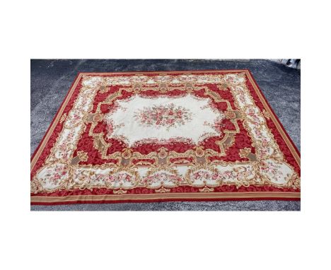 Palace Size Antique Aubusson Floral Tapestry. Floral motif on tan and red ground. Measures 175" x 137". Condition: Dirty, sta