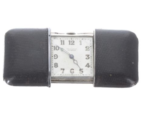 Movado Chronométre silver (0.935) and leather purse watch, circa 1930s, signed square silvered dial with Arabic numerals, min