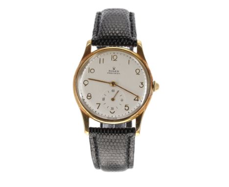 Rolex Precision 18k gentleman's wristwatch, ref. 4651, circa 1950s, circular silvered dial with Arabic numerals and subsidiar