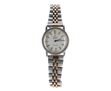 Omega De Ville Quartz stainless steel lady's bracelet watch, circular silvered dial with baton markers, replacement bicolour 