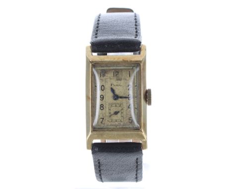 Para 14k rectangular cased gentleman's wristwatch, signed rectangular silvered dial with Arabic numerals, minute track and su