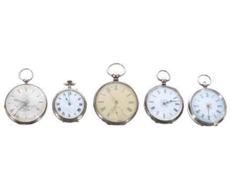 Three silver cylinder engraved fob watches for repair; together with two silver cylinder engine turned fob watches for repair