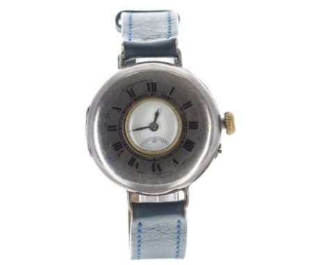 S&amp;Co Peerless silver WWI period half hunter wire-lug gentleman's wristwatch, import hallmarks London 1914, circular ename