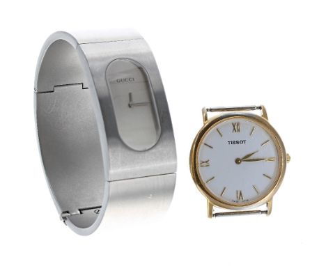 Gucci 2400L stainless steel bangle watch, quartz; 22mm together with a Tissot gold plated and stainless steel gentleman's wri