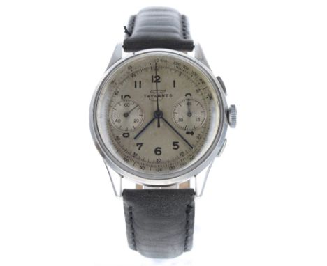 Tavanes Watch Co. chronograph stainless steel gentleman's wristwatch, circa 1940s, signed silvered dial with Arabic numerlas,