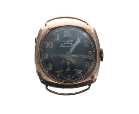 H. Samuel Climax 9ct cushion cased wire-lug gentleman's wristwatch, London 1942, circular black dial with Arabic numerals, mi