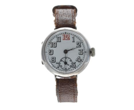 WWI period silver wire-lug trench watch, import hallmarks London 1917, circular white enamel dial with Arabic numerals, red t