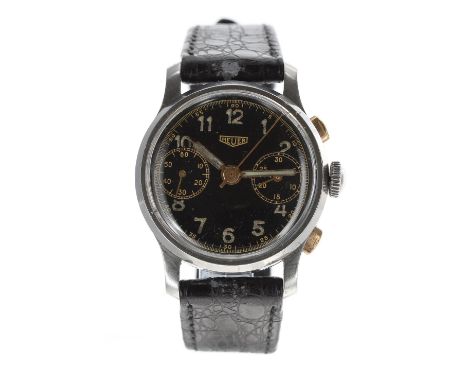 Rare Heuer vintage chronograph stainless steel mid-size wristwatch, circa 1940s, case no. 35032, signed black dial with Arabi