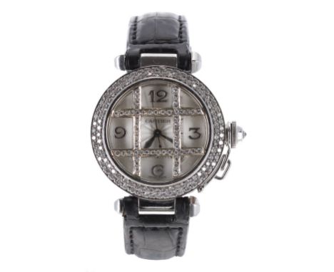 Cartier Pasha de Cartier 18ct white gold diamond wristwatch, ref. 2528, serial no. 3764xxxx, the circular silvered guilloche 