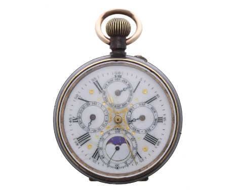 Swiss gunmetal calendar lever pocket watch with moon phase, gilt frosted bar movement with compensated balance and regulator,