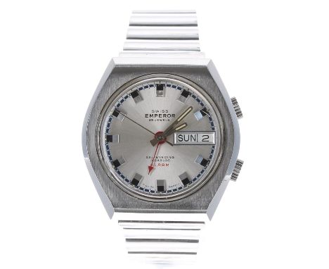Swiss Emperor Self-Winding Alarm stainless steel gentleman's bracelet watch, ref. 2761W, circular silvered dial with hour mar