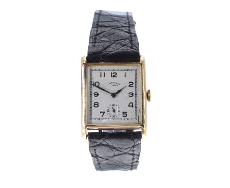 J.W Benson 18ct gentleman's rectangular gentleman's wristwatch, import hallmarks for London 1927, engine turned silvered dial