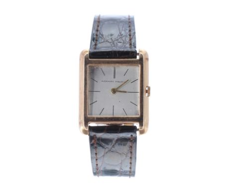 Audemars Piguet 18k rectangular tank mid-size wristwatch, case ref. 38243, serial no. 573xx, circa 1950s, signed square silve