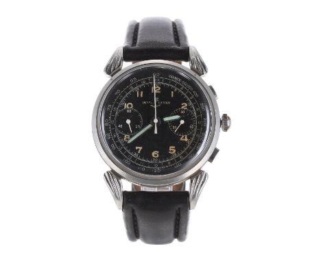 Ulysse Nardin chronograph stainless steel gentleman's wristwatch, case no. 203774, circular black dial with Arabic numerals, 
