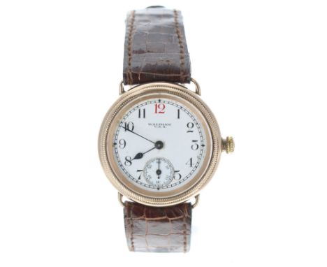 Waltham 9ct wire-lug gentleman's wristwatch, Birmingham 1931, signed enamel dial with Arabic numerals, red twelve, minute tra