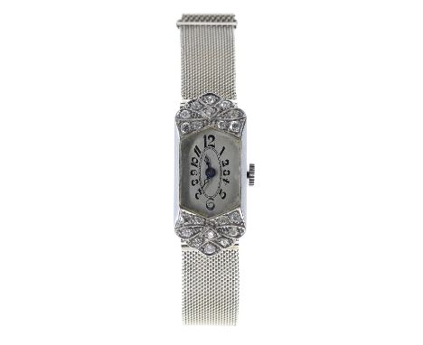 Art Deco platinum diamond set lady's cocktail watch, rectangular silvered dial with Arabic numerals and blued steel hands, un