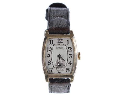 Rolex Unicorn 9ct tonneau gentleman's wristwatch, import hallmarks for Glasgow 1928, signed silvered dial with Arabic numeral