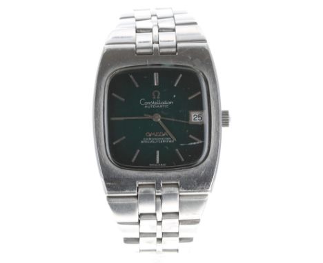 Omega Constellation Chronometer automatic square cased stainless steel gentleman's bracelet watch, square black dial with bat