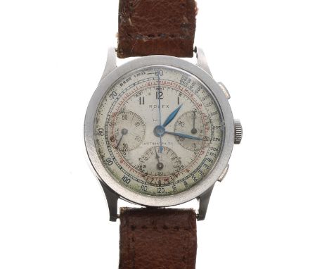 Rare Rolex chronograph stainless steel antimagnetic gentleman's wristwatch, ref. 3335, circa 1940s, case no. 0493xx, signed s