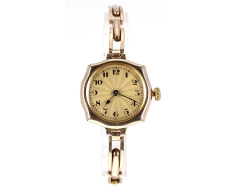 Rolex 9ct lady's bracelet watch, import hallmarks London 1921, circular guilloche dial with Arabic numerals and minute track,