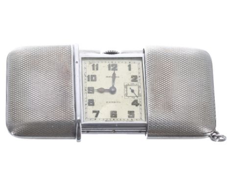 Movado Ermeto engine turned purse watch with stand, signed square silvered dial with Arabic numerals, minute track and blued 