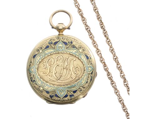 Attractive continental 18k and enamel cylinder fob watch, gilt bar movement with gilt three arm balance and regulator signed 