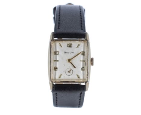 Bulova 10k rolled gold rectangular cased gentleman's wristwatch, circa 1961, case no. F379412, rectangular silvered dial with